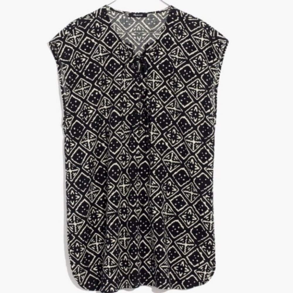 Madewell Lace-Up Cover-Up Tunic Black Printed Size Medium Bohemian G2555 Boho M - Picture 2 of 8